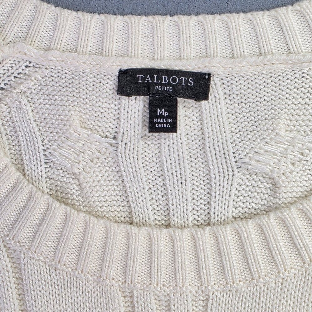Talbots Sweater Womens M Petite White Blue Striped Cable Knit Nautical Preppy - Picture 4 of 10